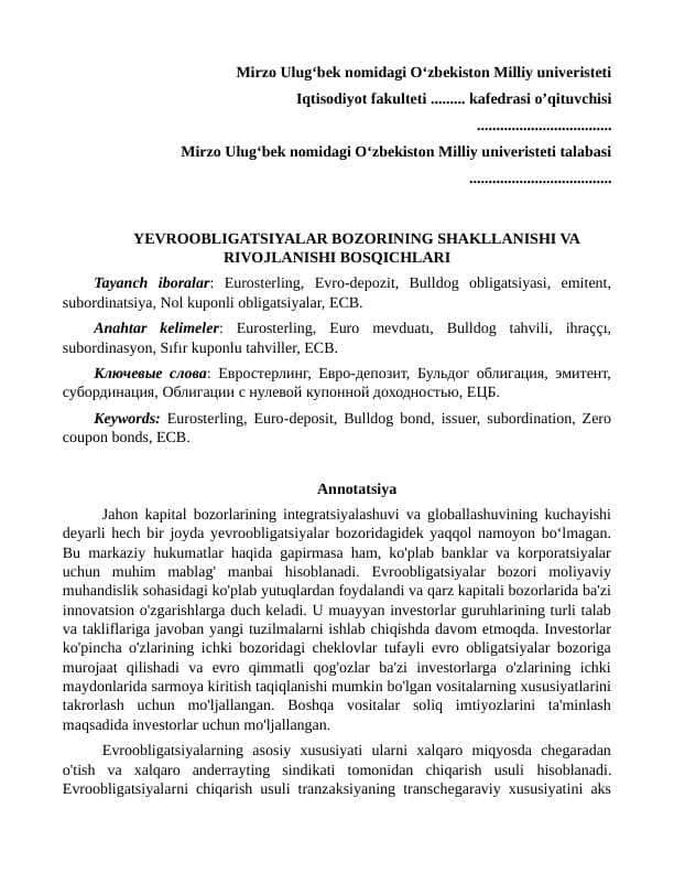 YEVROOBLIGATSIYALAR BOZORINING SHAKLLANISHI VA RIVOJLANISHI BOSQICHLARI