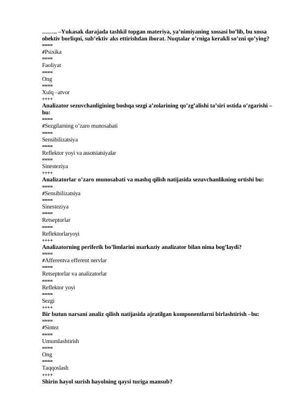 PSIXOLOGIYA YAKUNIY TEST
