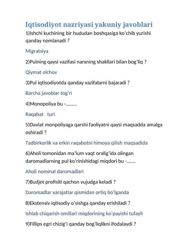Iqtisodiyot nazriyasi yakuniy testi