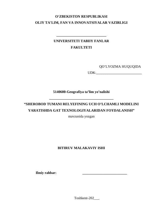 SHEROBOD TUMANI RELYEFINING UCH O’LCHAMLI MODELINI YARATISHDA GAT TEXNOLOGIYALARIDAN FOYDALANISH