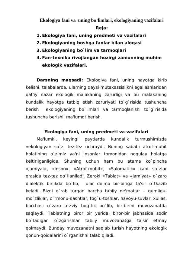 Ekologiya fani va uning bo’limlari, ekologiyaning vazifalari