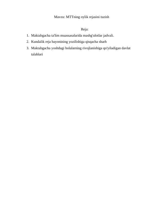 MTTning oylik rejasini tuzish