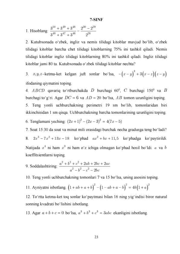 Matematika 7-sinf olimpiada 100 ta masala