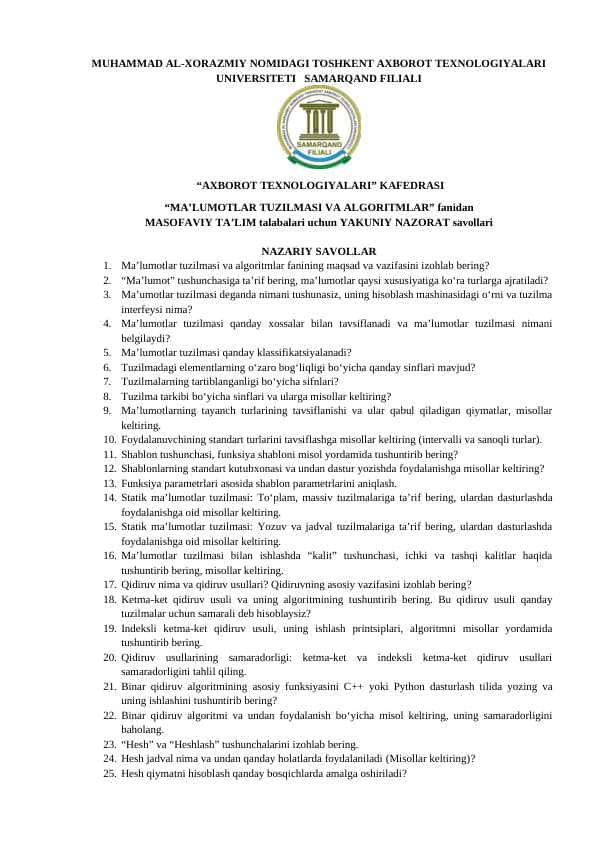 Malumotlar tuzilmasi va algoritmalar fanidan yakuniy