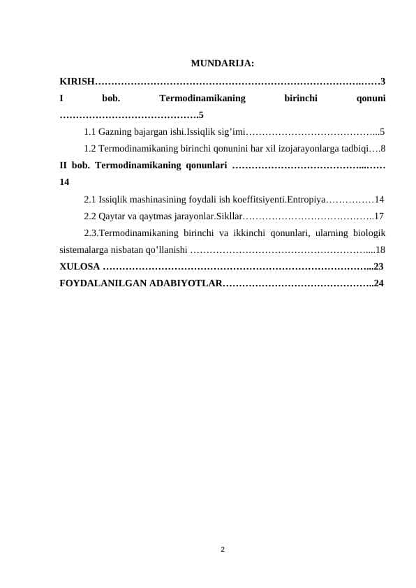 TERMODINAMIKANING BIRINCHI QONUNINI VA UNING IZOJARAYONLARGA TADBIQI