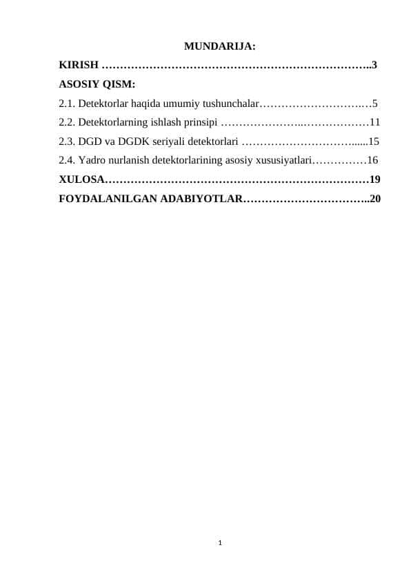 NURLANISH DETEKTORLARINING ASOSIY XUSUSIYATLARI