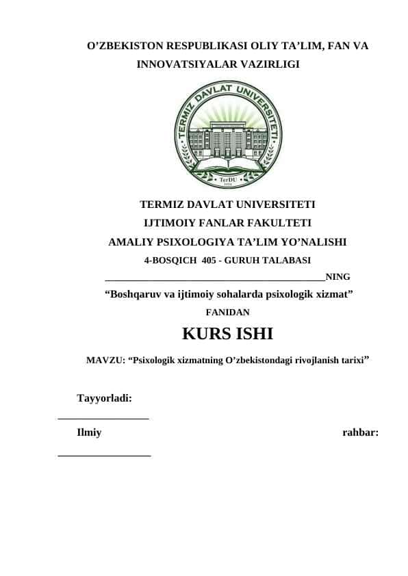 Psixologik xizmatning O’zbekistondagi rivojlanish tarixi