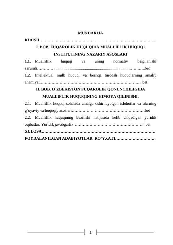 MUALLIFLIK HUQUQI OBYEKTLARI VA ULARNING HIMOYA QILINISHI