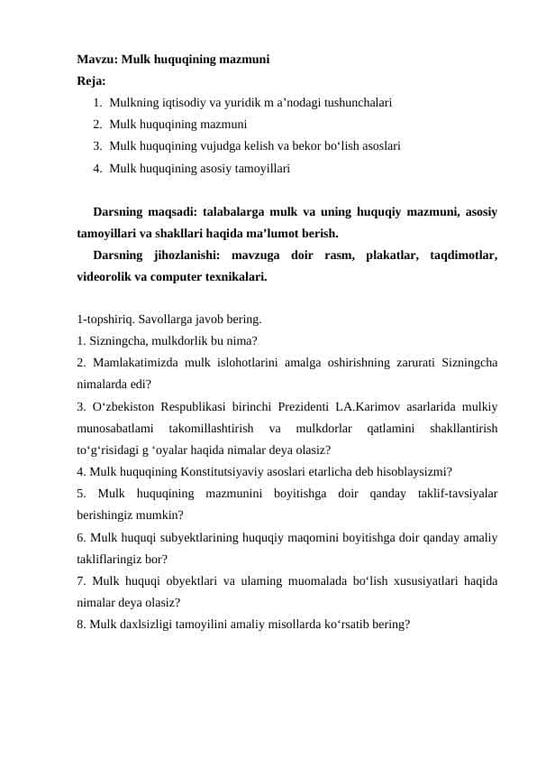 Mulk huquqining mazmuni