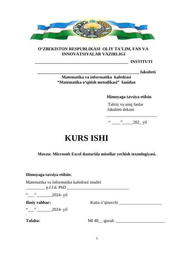 Microsoft Excel dasturida misollar yechish texnologiyasi