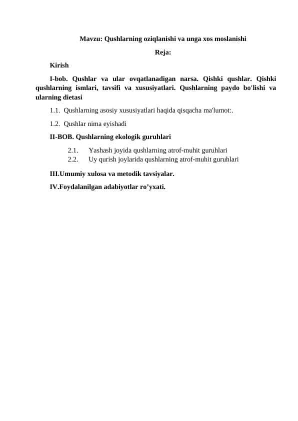Qushlarning oziqlanishi va unga xos moslanishi KURS ISHI