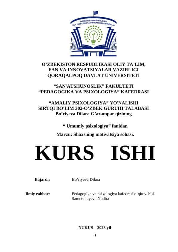 Shaxsning motivatsiya sohasi - KURS ISHI