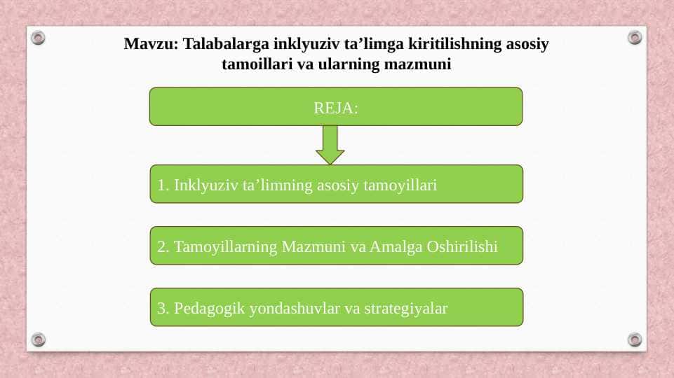 Talabalarga inklyuziv ta’limga kiritilishning asosiy tamoillari va ularning mazmuni