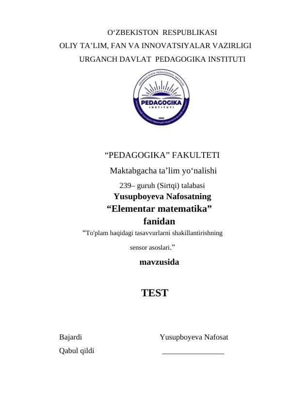 To'plam haqidagi tasavvurlarni shakillantirishning sensor asoslari