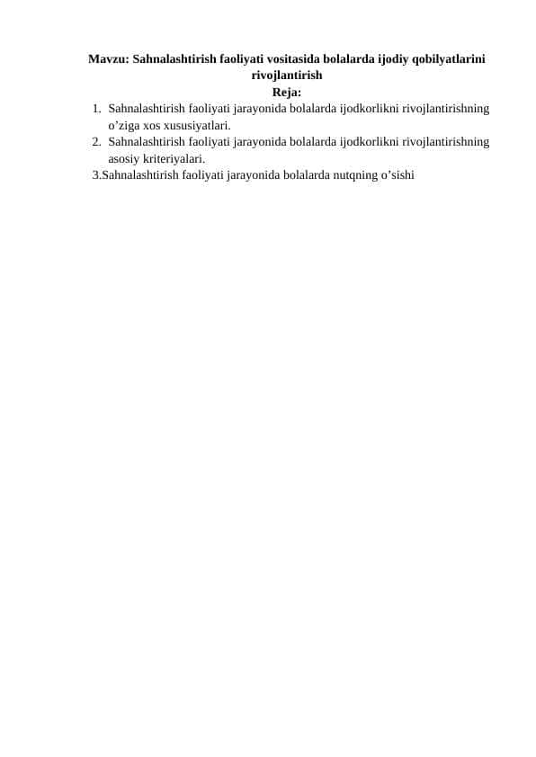Sahnalashtirish faoliyati vositasida bolalarda ijodiy qobilyatlarini rivojlantirish