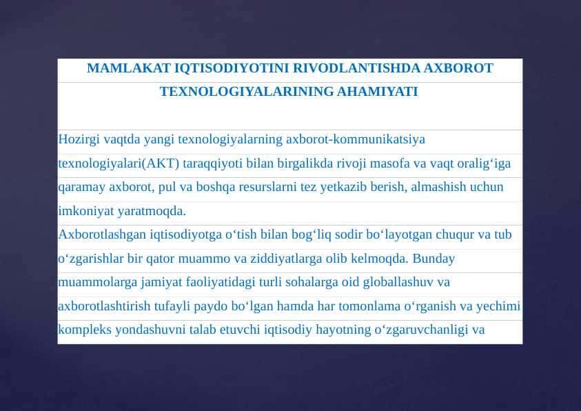 MAMLAKAT IQTISODIYOTINI RIVODLANTISHDA AXBOROT TEXNOLOGIYALARINING AHAMIYATI