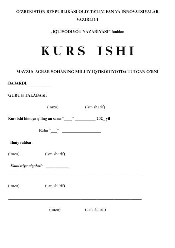 Agrar sohaning milliy iqtisodiyotda tutgan o'rni