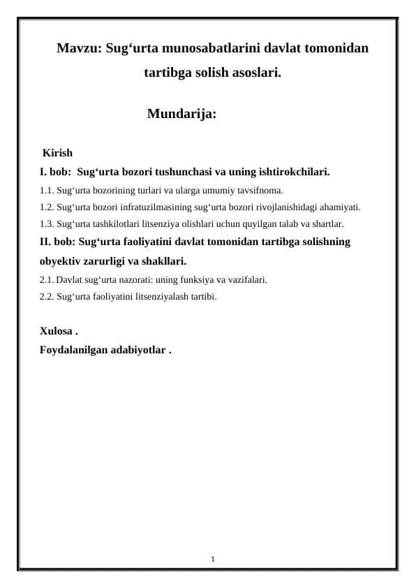 Sug‘urta munosabatlarini davlat tomonidan tartibga solish asoslari.