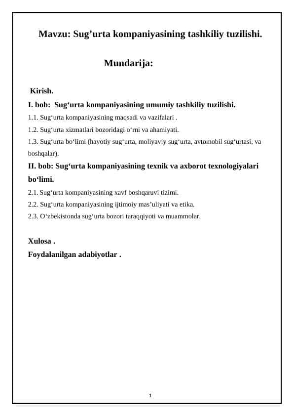 Sug’urta kompaniyasining tashkiliy tuzilishi.