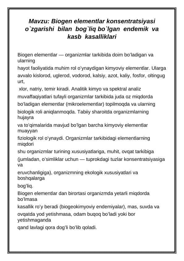 Biogen elementlar konsentratsiyasi o`zgarishi bilan bog`liq bo`lgan endemik va kasb kasalliklari