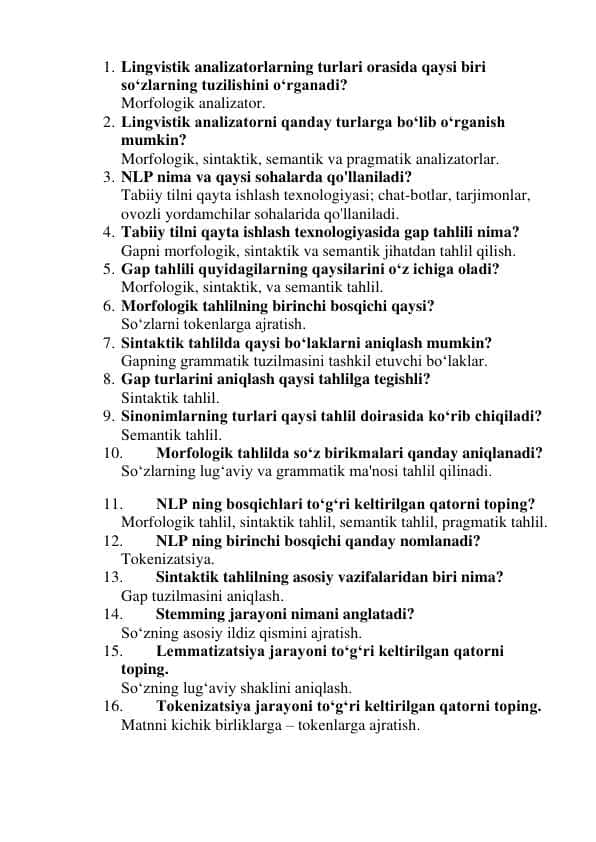 SUN’IY INTELLEKT YAKUNIY BAZA SAVOLLARI. TATU.
