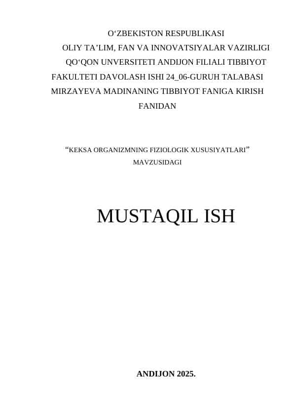 Keksa organizmning fiziologik xususiyatlari