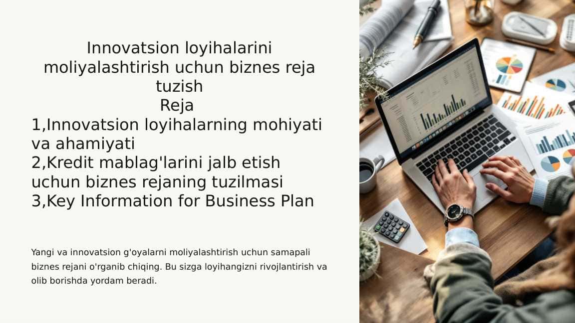 Innovatsion loyihalarini moliyalashtirish uchun biznes reja tuzish