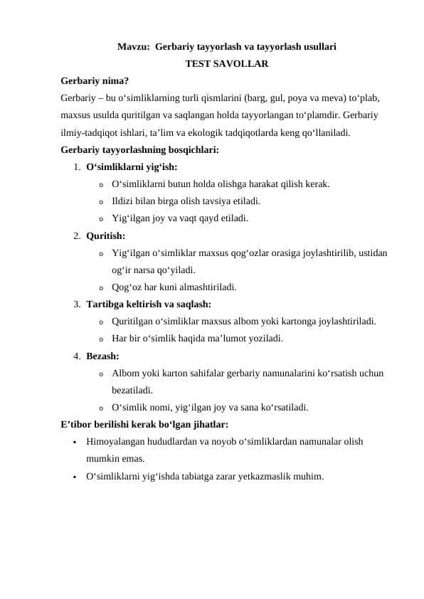 Gerbariy tayyorlash va tayyorlash usullari