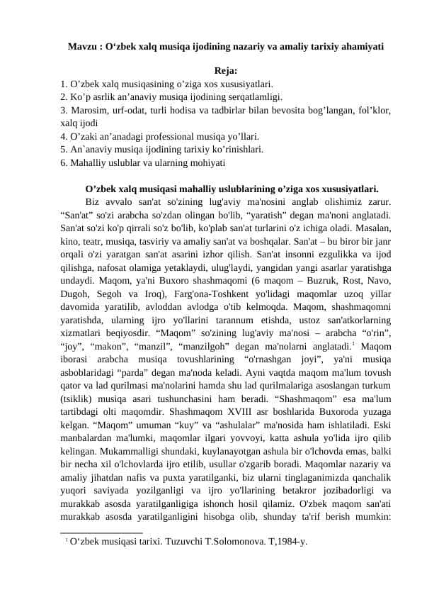 O‘zbek xalq musiqa ijodining nazariy va amaliy tarixiy ahamiyati