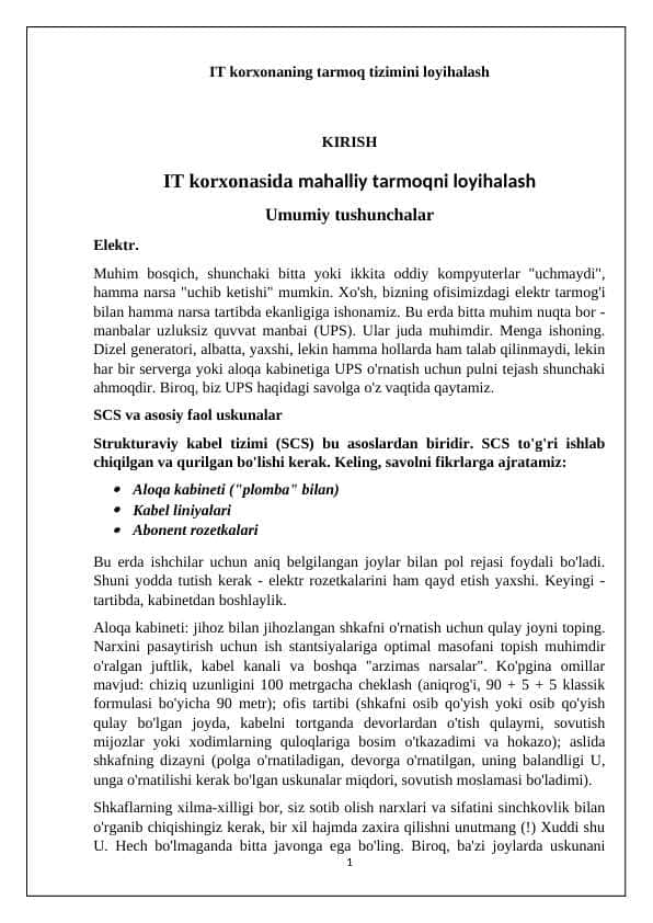 IT korxonaning tarmoq tizimini loyihalash