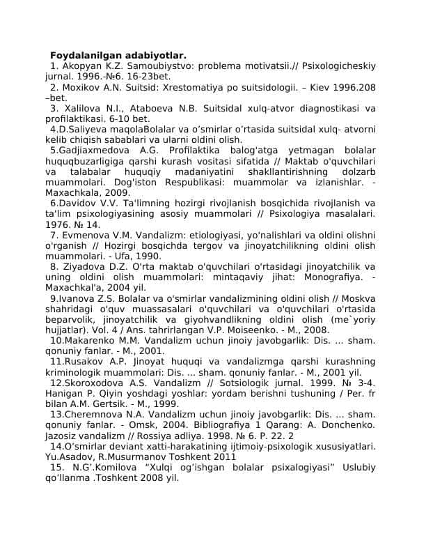 Foydalanilgan adabiyotlar.