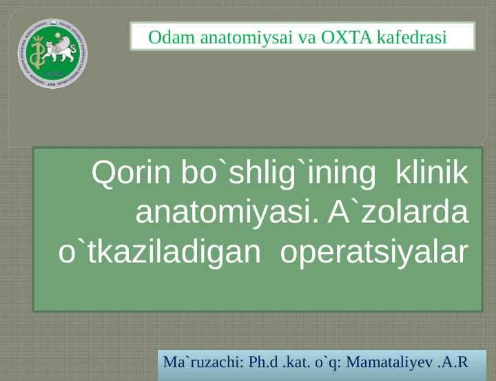 Qorin bo`shlig`ining klinik anatomiyasi. A`zolarda o`tkaziladigan operatsiyalar