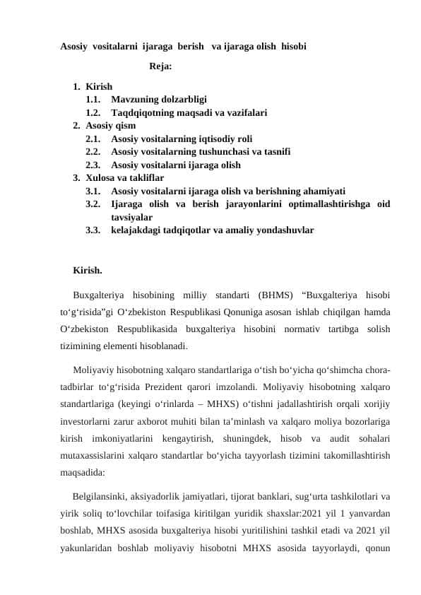 Asosiy vositalarni ijaraga berish va ijaraga olish hisobi