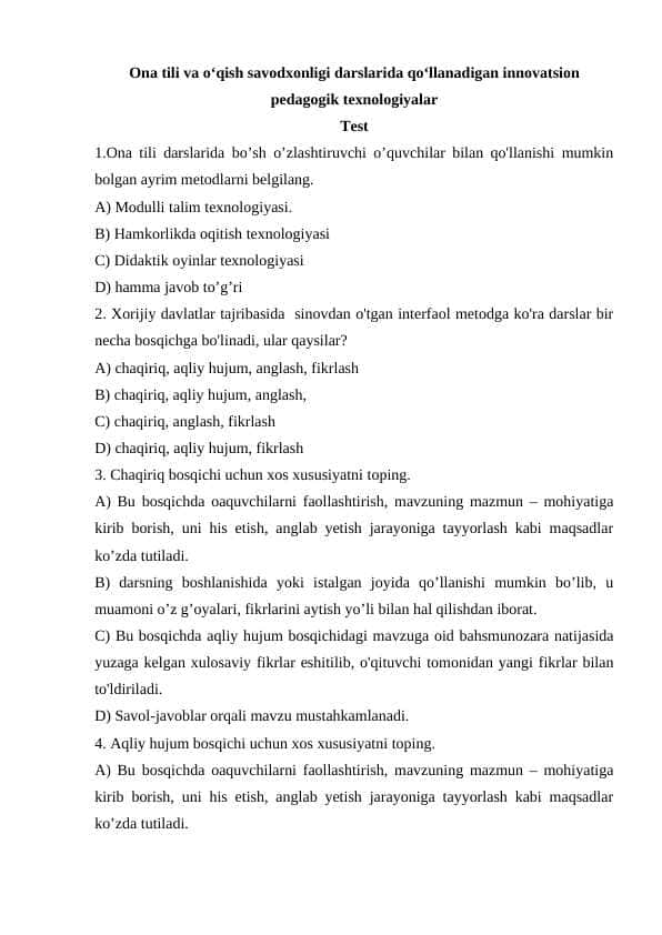 Ona tili va oʻqish savodxonligi darslarida qoʻllanadigan innovatsion pedagogik texnologiyalar test