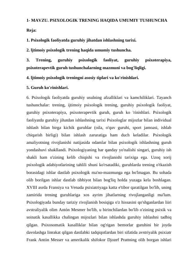 PSIXOLOGIK TRENING HAQIDA UMUMIY TUSHUNCHA
