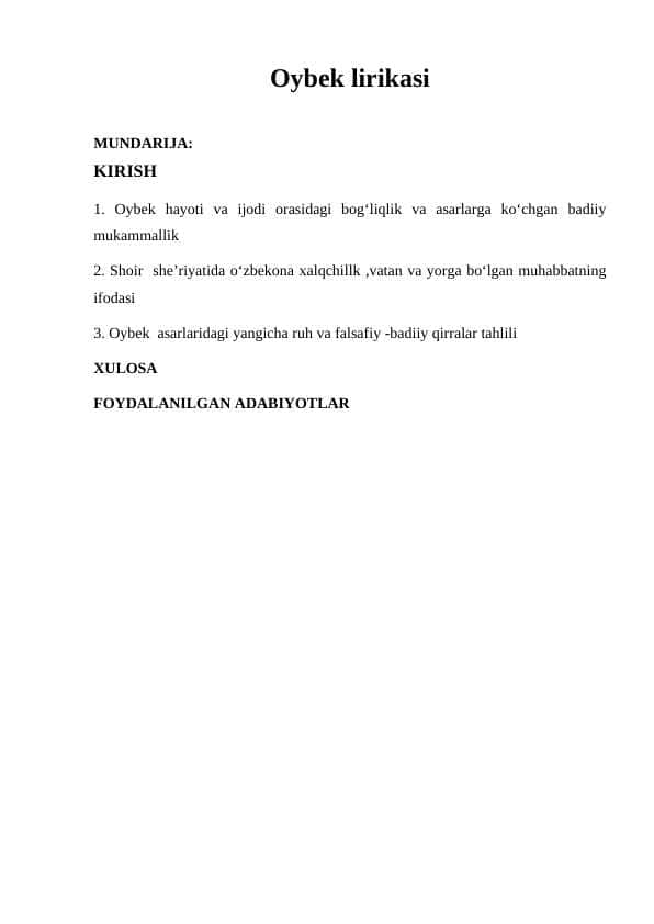Oybek lirikasi.