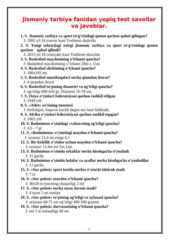 Jismoniy tarbiya fanidan yopiq test savollar va javoblar.