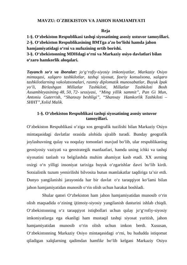 O`ZBEKISTON VA JAHON HAMJAMIYATI