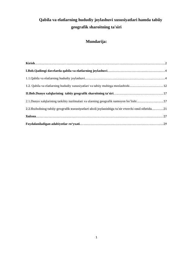 Qabila va elatlarning hududiy joylashuvi xususiyatlari hamda tabiiy geografik sharoitning ta'siri