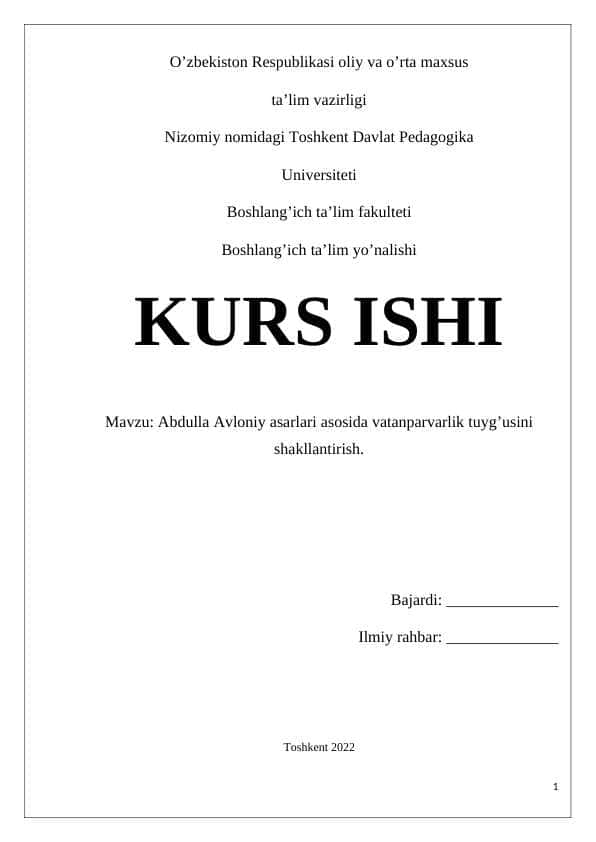 Abdulla Avloniy asarlari asosida vatanparvarlik tuyg’usini shakllantirish