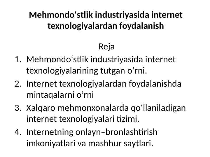 Mehmondo‘stlik industriyasida internet texnologiyalardan foydalanish