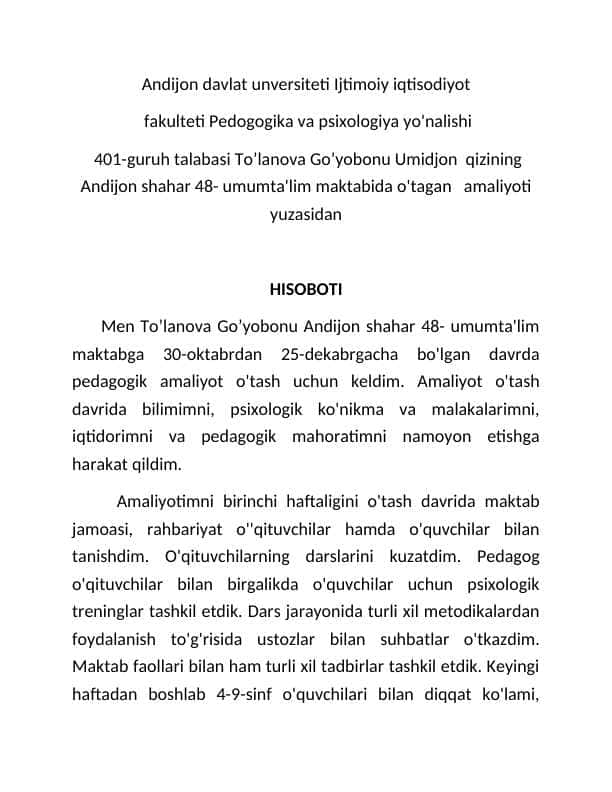 amaliyot hisoboti