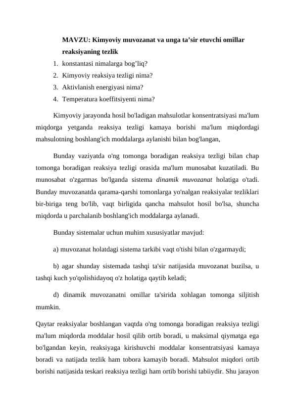 Kimyoviy muvozanat va unga ta’sir etuvchi omillar