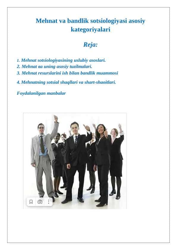Mehnat sotsiologiyasi Mehnat va bandlik sotsiologiyasi asosiy kategoriyalari