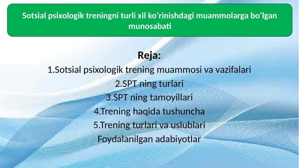Sotsial psixologik treningni turli xil ko’rinishdagi muammolarga bo’lgan munosabati 30.pptx