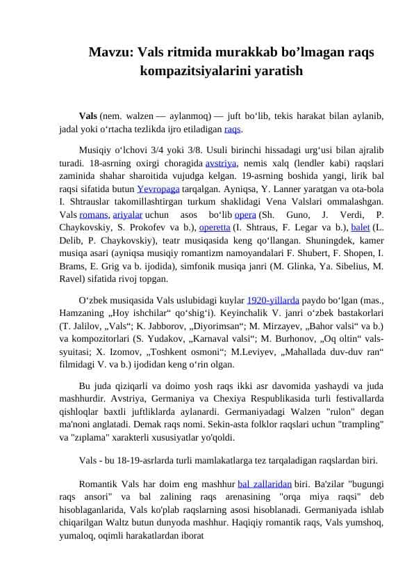 Vals ritmida murakkab bo’lmagan raqs kompazitsiyalarini yaratish