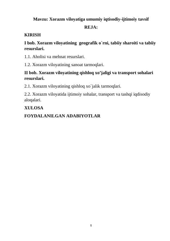 Xorazm viloyatiga umumiy iqtisodiy-ijtimoiy tavsif