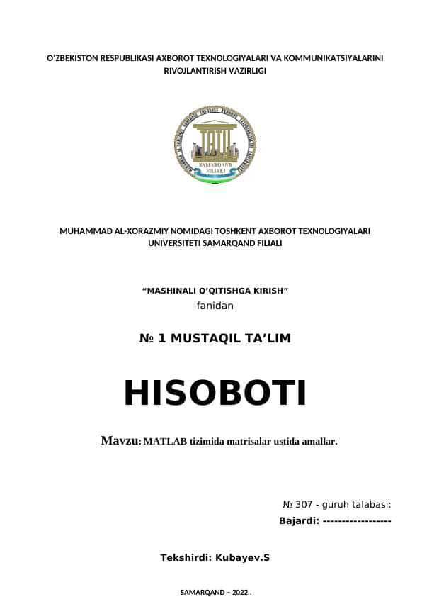 MATLAB tizimida matrisalar ustida amallar