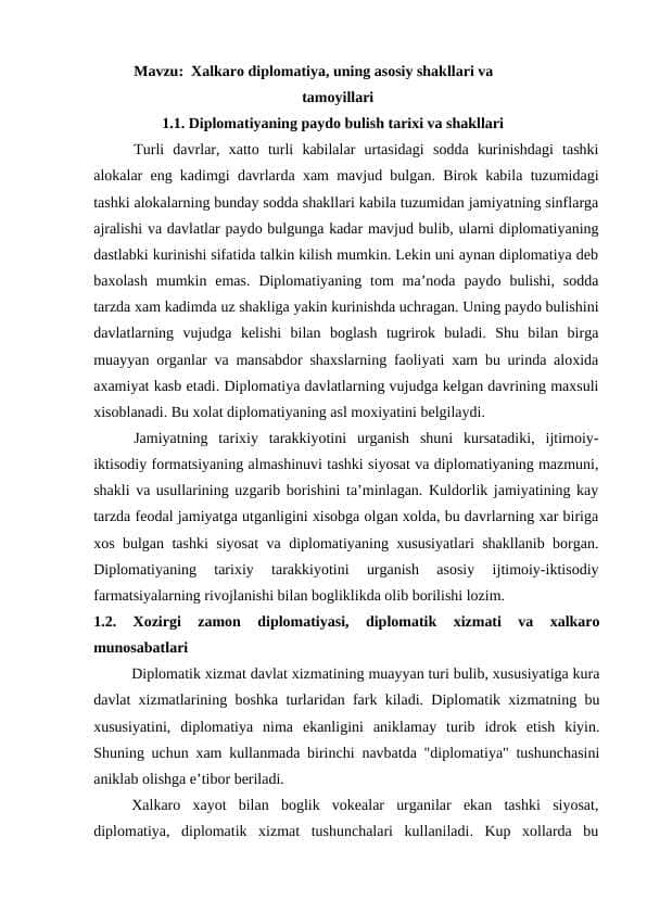 Xalkaro diplomatiya, uning asosiy shakllari va tamoyillari