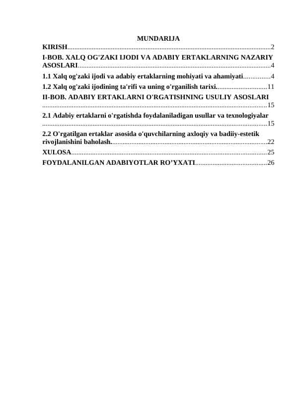 Xalq og'zaki ijodi bo'limidagi adabiy ertaklarni o'rgatishning nazariy va usuliy asoslari.